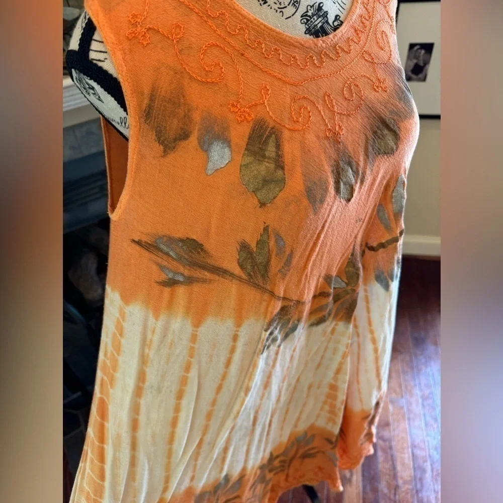 Vintage 90s Hand Painted Embroidered Tie Dye Umbrella Dress Orange Sleeveless - Picture 3 of 8